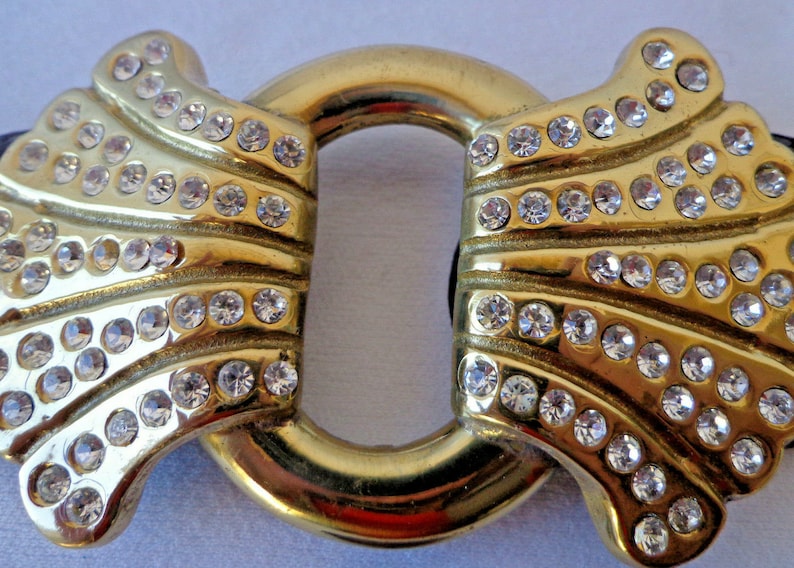 Made in Italy 30 Waist 1990s 5 Strand LEATHER BELT with a HUGE Goldtone Rhinestone ABuckle