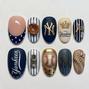 New York Yankees 3D Press On Nails | Bronx Bombers Baseball Art | Pinstripe French Tip & Gold NY Logo | Luxury Championship Fan Nails