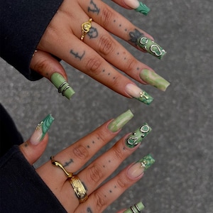 Futuristic Jade Chrome Press On Nails | Green Marble & Cross Accent Nails | Long Square Nail Set | Handmade Edgy Nail Set | Fashion Inspired