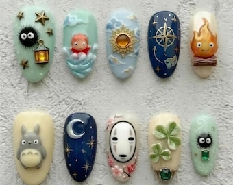 Handmade Studio Ghibli Masterpiece Press On Nails | 3D Luxury Anime Nail Art | Totoro, Spirited Away, Howl's Moving Castle & Ponyo