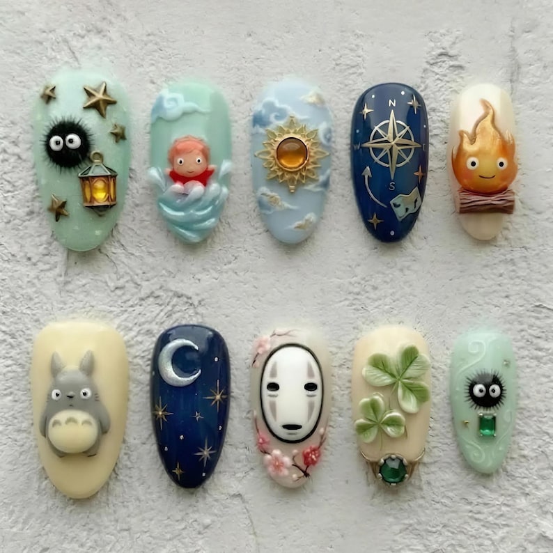 Handgefertigtes Studio Ghibli Masterpiece Drücken Sie die Nägel | 3D Luxus Anime Nagelkunst | Totoro, Chihiros Reise ins Zauberland, Das wandelnde Schloss & Ponyo Bild 1