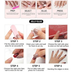 May include: An instructional guide titled "How To Dress Your Nails" detailing the application of nail enhancements. The guide shows steps for prepping, selecting, gluing, and pressing nails, using super glue and jelly glue. The image also includes pro tips for application.
