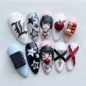 Death Note Press on Nails | Hand-Painted Anime Character Nails | 3D Death Note Book & Red Apple Nails | Gothic Star Aesthetic Nails