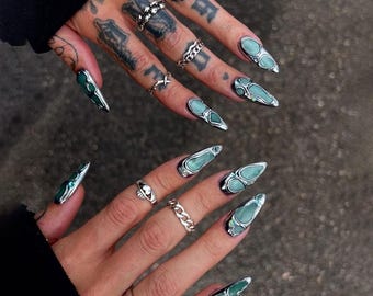Futuristic Chrome Gemstone Press On Nails | 3D Jade & Metallic Accent Nails | Long Stiletto Nail Set | Handmade Luxury Nail Set