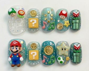 Handgemachte 3D Super Mario Adventure Drücken Sie auf die Nägel | Kawaii Pilz & Stern Kunst | Frage Block Gold Münze Gamer glitzernde Teal Nagel Set