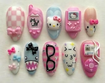 Handmade 3D Kawaii Retro Tech Press On Nails | Kitty Gamer Girl | Y2K Tamagotchi MP3 Player Pink Pastel Stiletto Nail Set