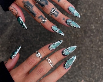 Futuristic Chrome Gemstone Press On Nails | 3D Jade & Metallic Accent Nails | Long Stiletto Nail Set | Handmade Luxury Nail Set