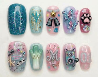 Handmade 3D Hatsune Miku Press On Nails | Kawaii Vocaloid Anime Fanart | 3D Leek Speaker Microphone Piano Keyboard Aurora Glitter Nail Set