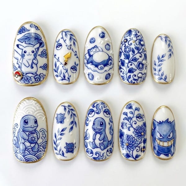 Pocerlain Chinoiserie Press On Nails | Blue and White Porcelain Aesthetic Nails | Hand Painted Character Gengar Snorlax Squirtle