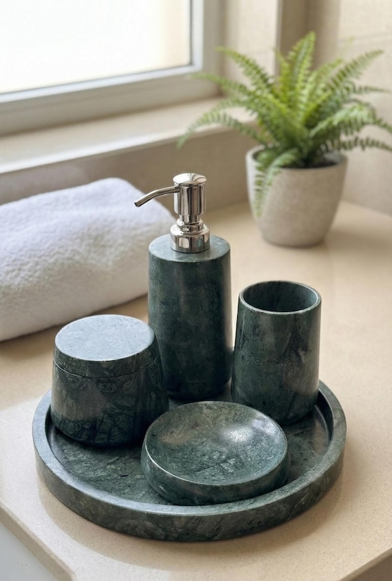 Green Marble Bathroom Set 5 Piece | Luxury Stone Bath Accessories with Tray | Wedding Gift