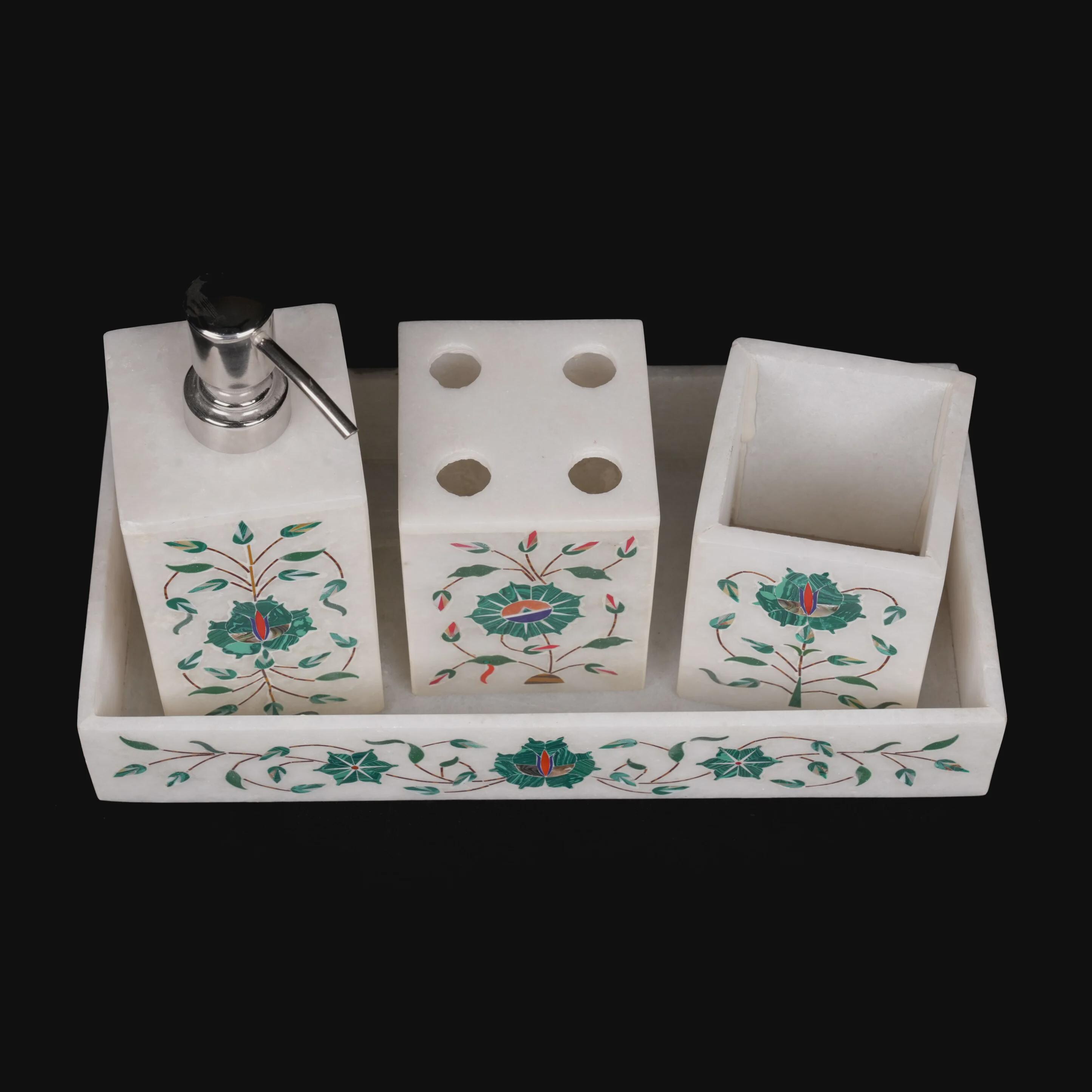 Agra Marble Inlay Bathroom Set: Handmade Indian Vanity Accessory - Etsy