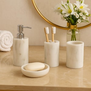 White Marble Bathroom Accessories Set: 4-Piece Handcrafted Luxury