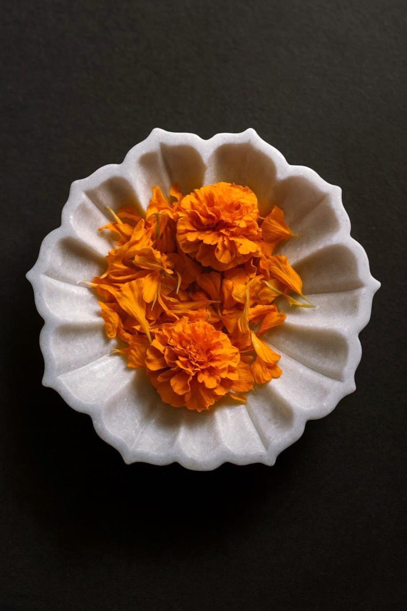 May include: A white, scalloped marble bowl filled with vibrant orange marigold flowers and petals. The bowl is round with a fluted edge, and the flowers are clustered in the center. The background is a solid black.