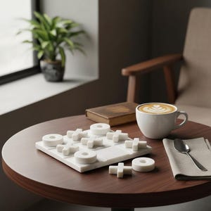 May include: A round, dark brown table holds a white marble tic-tac-toe game, a white coffee cup with latte art, a spoon, a linen napkin, and a small, brown book. A potted plant sits near a window. A beige armchair is in the background.