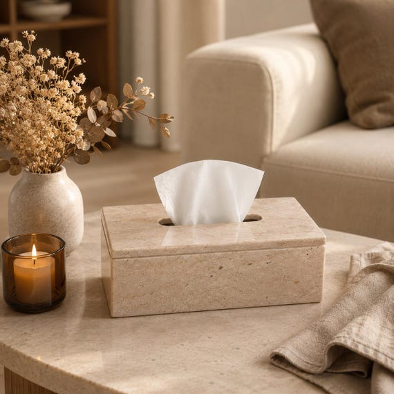 Beige Marble Tissue Box Cover | Handcrafted Luxury Bathroom Decor | Housewarming Gift