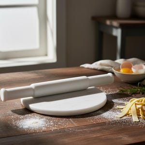 May include: A white marble rolling pin rests on a matching round marble board. The scene includes a bowl with eggs, fresh pasta, and flour on a wooden table, suggesting a culinary theme.