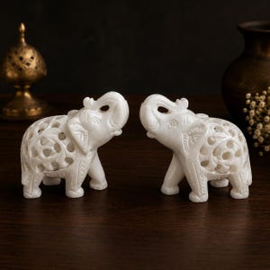 手彫りの白い大理石の象の像セット：伝統的な室内装飾 - Etsy 日本