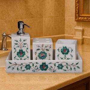 Lucknow Marble Inlay Bathroom Set: Handmade Indian Vanity Accessory