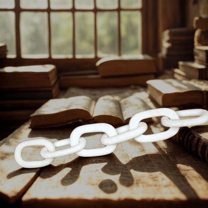 Puede incluir: Una cadena blanca descansa sobre una superficie de madera, con varios libros antiguos en el fondo. Los libros est&aacute;n abiertos y cerrados, con p&aacute;ginas envejecidas. Una ventana con luz natural es visible en el fondo, creando una est&eacute;tica c&aacute;lida y vintage.