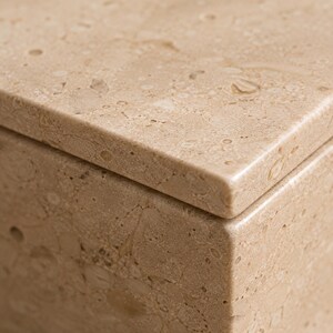 May include: A rectangular box crafted from beige limestone with a polished finish. The surface displays natural fossilized inclusions and organic patterns throughout the stone. The lid features a sharp, squared edge that sits flush with the base.