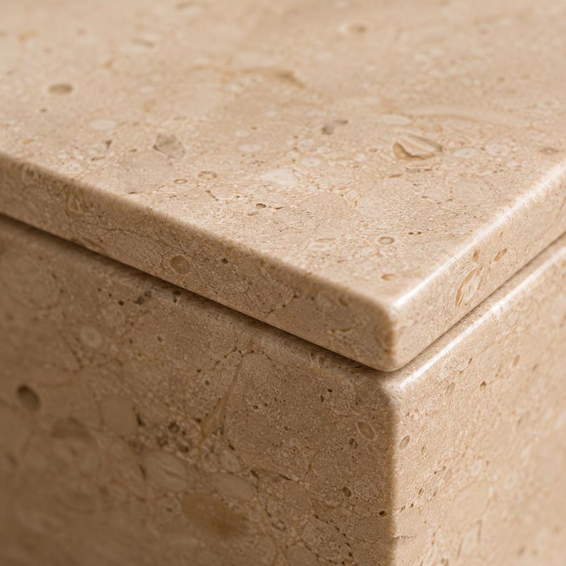 May include: A rectangular box crafted from beige limestone with a polished finish. The surface displays natural fossilized inclusions and organic patterns throughout the stone. The lid features a sharp, squared edge that sits flush with the base.