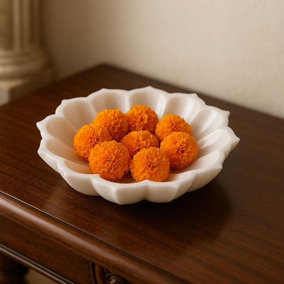 White Marble Flower Urli Bowl: 6-Inch Handcrafted Centerpiece