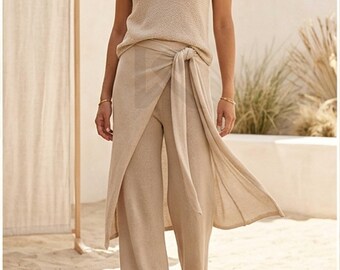 3-Piece Knit Set, Wide-Leg Pants, Pareo Wrap, Summer Resort Wear