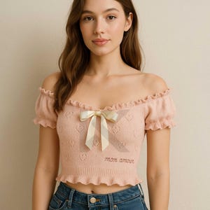 Handmade Love Letter Off-Shoulder Subtle Heart-Shaped Eyelet Crop Knitted Top | Knit Dress | Women Top Best For Gifts - Christmas And Events