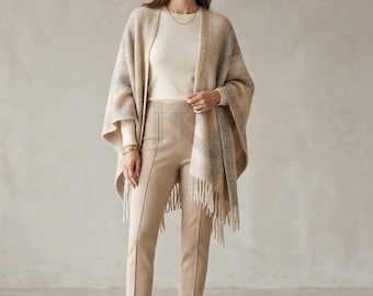 3 Piece Knit Set: Fitted Top, Slim Pant, Wrap Poncho, Minimal Style
