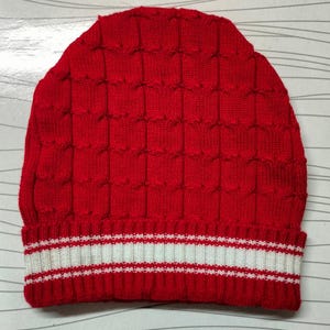 Red & White Cable Knitted Cap with knitted typograpgy made with Acrylic wool / Mohair / Cashmare /Uni sex / For men