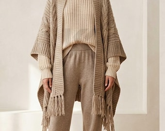 Oversized Chunky Knit 3-Piece Set - Sweater, Jogger Pants & Poncho