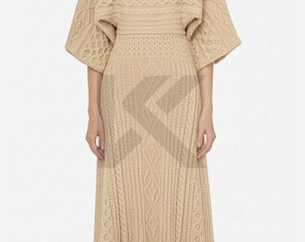 Handmade Cable Knit Midi Dress – Beige Boat Neck Acrylic Wool