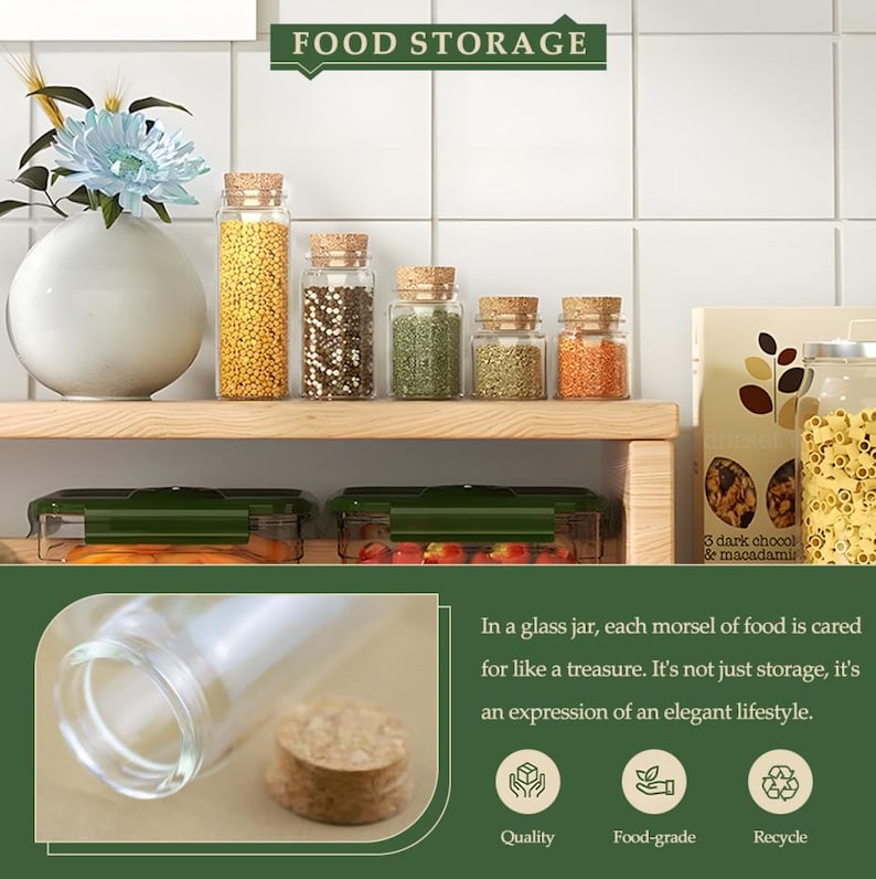 Pode incluir: Frascos de vidro com tampas de corti&ccedil;a cheios de v&aacute;rios alimentos, incluindo gr&atilde;os amarelos e especiarias. A imagem inclui o texto "FOOD STORAGE". Abaixo, dois recipientes de alimentos com tampa verde.