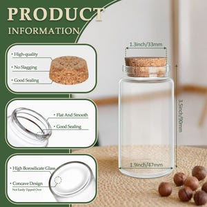 Pode incluir: Uma garrafa de vidro transparente com uma rolha de corti&ccedil;a. A garrafa tem 90 mm de altura e 47 mm de largura. A rolha tem 33 mm de di&acirc;metro. A imagem inclui o texto "PRODUCT INFORMATION".