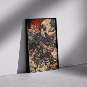 May include: Framed art print featuring a character from the anime series, Attack on Titan. The artwork depicts a figure in a black cape and uniform, holding a sword. The background has red and blue accents, with a vintage aesthetic.