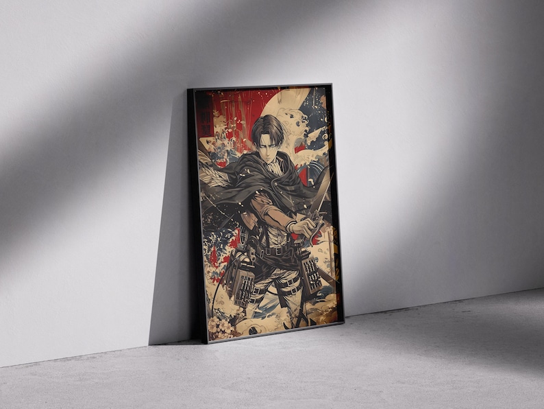 May include: Framed art print featuring a character from the anime series, Attack on Titan. The artwork depicts a figure in a black cape and uniform, holding a sword. The background has red and blue accents, with a vintage aesthetic.