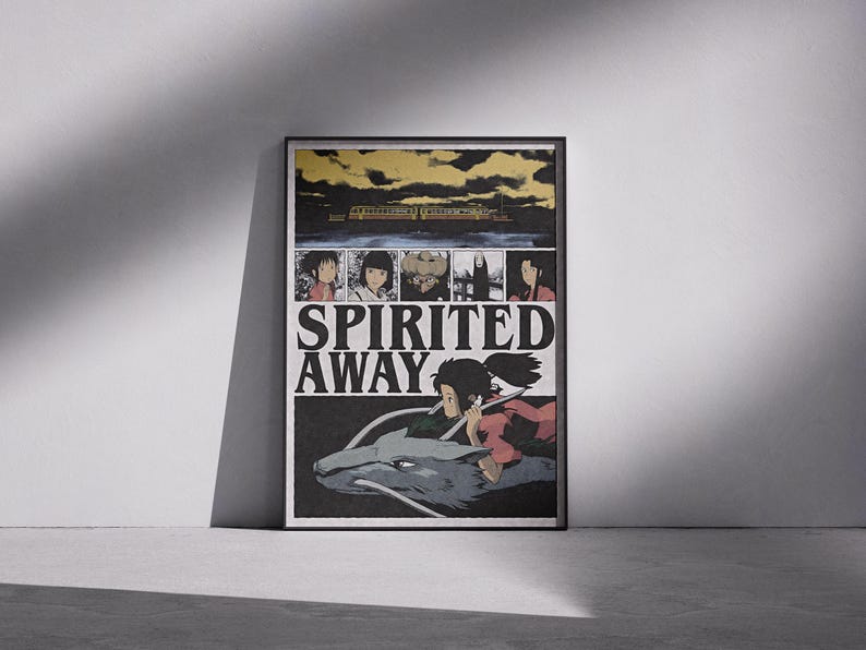 May include: Framed poster featuring artwork from the animated film "Spirited Away." The poster has a black border and displays a collage of images, including characters and a train, with the title "Spirited Away" in large white letters.