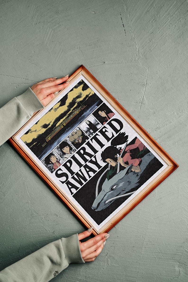May include: Framed print featuring artwork from the animated film "Spirited Away." The print has a wooden frame and displays a collage of scenes, including a train and characters. The title "Spirited Away" is prominently displayed.