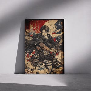 May include: Framed artwork depicting a character from an anime series. The illustration shows a figure in a dark cloak, holding a sword, set against a backdrop of red, white, and blue elements. The style evokes vintage art.