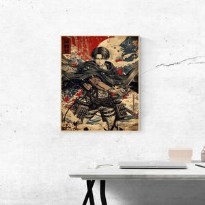 May include: A framed print featuring a character from an anime series. The artwork depicts a figure in a dynamic pose, holding a sword, with a backdrop of red, white, and blue elements. The style is reminiscent of traditional Japanese art.