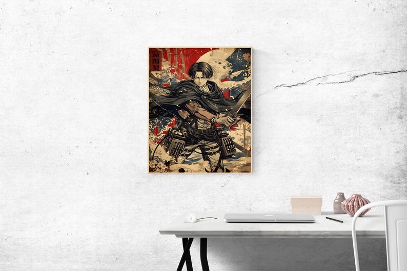 May include: A framed print featuring a character from an anime series. The artwork depicts a figure in a dynamic pose, holding a sword, with a backdrop of red, white, and blue elements. The style is reminiscent of traditional Japanese art.
