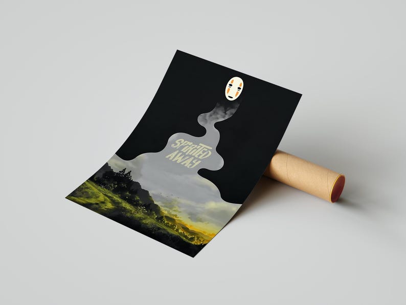 K&ouml;nnte beinhalten: Ein Poster mit einem Design aus dem Zeichentrickfilm Spirited Away. Das Poster hat einen schwarzen Hintergrund mit einem stilisierten Bild einer Figur und den Worten "Spirited Away". Das Poster ist mit einer braunen Papierrolle aufgerollt.