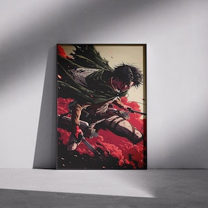 May include: Framed anime art print depicting a character in a dynamic pose. The artwork features a figure with dark hair and a green cloak, set against a red cloud background. The character is holding weapons, with a determined expression.
