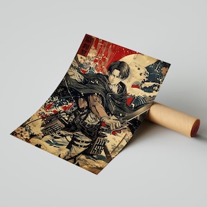 May include: A printed poster featuring a detailed illustration of an anime character in a dynamic pose. The artwork showcases a blend of red, beige, and black tones, with a stylized background. The poster is partially rolled and resting on a cardboard tube.
