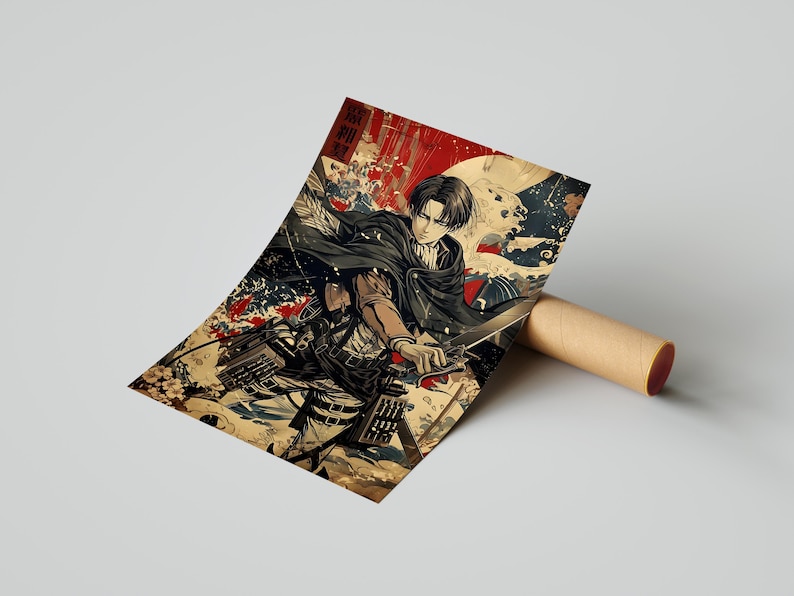 May include: A printed poster featuring a detailed illustration of an anime character in a dynamic pose. The artwork showcases a blend of red, beige, and black tones, with a stylized background. The poster is partially rolled and resting on a cardboard tube.