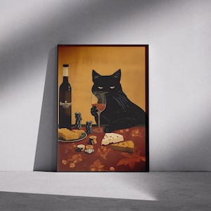 Chic Cat Art Print, Vintage Cat Poster, Home Decor, Cat Lover Gift, Wall Art, Coffee Lover, Wall Art Pet Lover Gift, Unframed