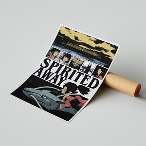May include: A poster for the animated film "Spirited Away" featuring a black and white illustration of a character riding a dragon. The poster has the film's title in large white letters and is rolled up with a brown tube.