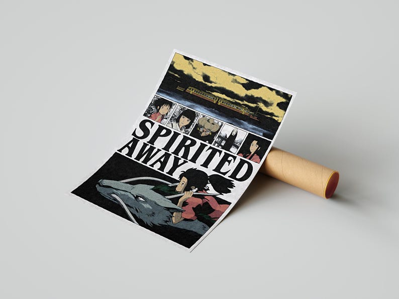 May include: A poster for the animated film "Spirited Away" featuring a black and white illustration of a character riding a dragon. The poster has the film's title in large white letters and is rolled up with a brown tube.