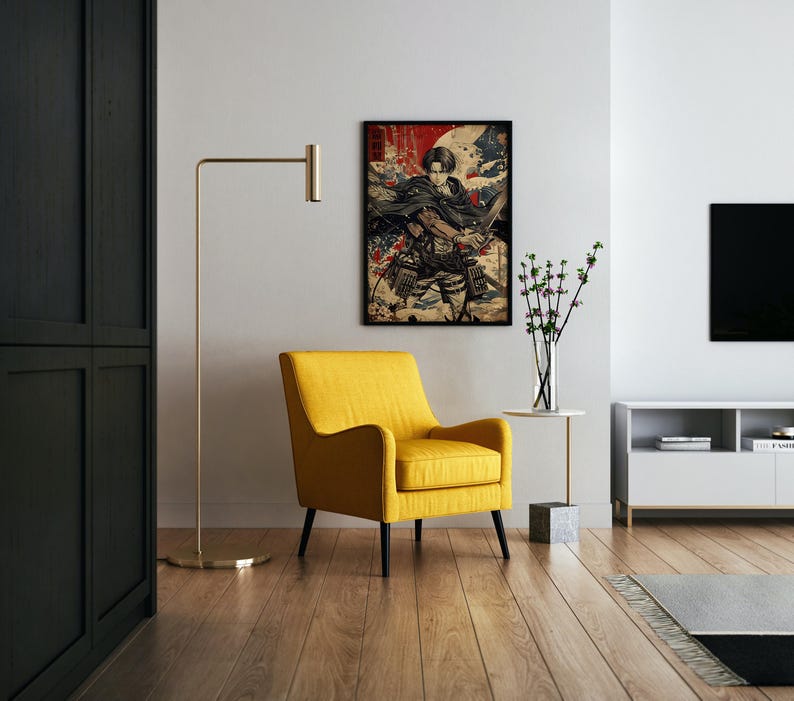 May include: A framed anime art print featuring a character with a sword, set against a backdrop of red and blue hues. The artwork is displayed above a yellow armchair, with a gold floor lamp and a minimalist side table with a vase of flowers.