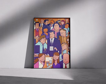 May include: A framed art print featuring a stylized illustration of a group of people in an office setting. The artwork has a bold, colorful design with the text "World's Best Boss" on a coffee mug. The overall theme is office humor.